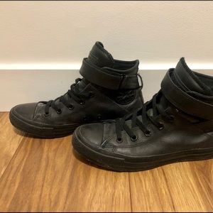 Black leather high top ankle strap Converse